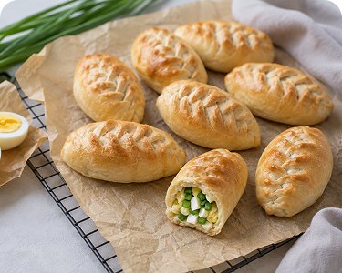 Pirozhki mit Frühlingszwiebeln und Ei für Catering in Wien